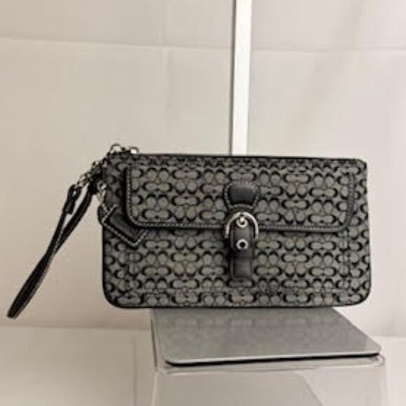 Coach Signature Black & Grey Wristlet Clutch – Buckle Front, Silver Hardware - Picture 1 of 8